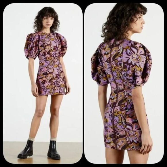 TED BAKER Flickl – Short Sleeve Printed Mini Dress Blk Pink  - Picture 1 of 13